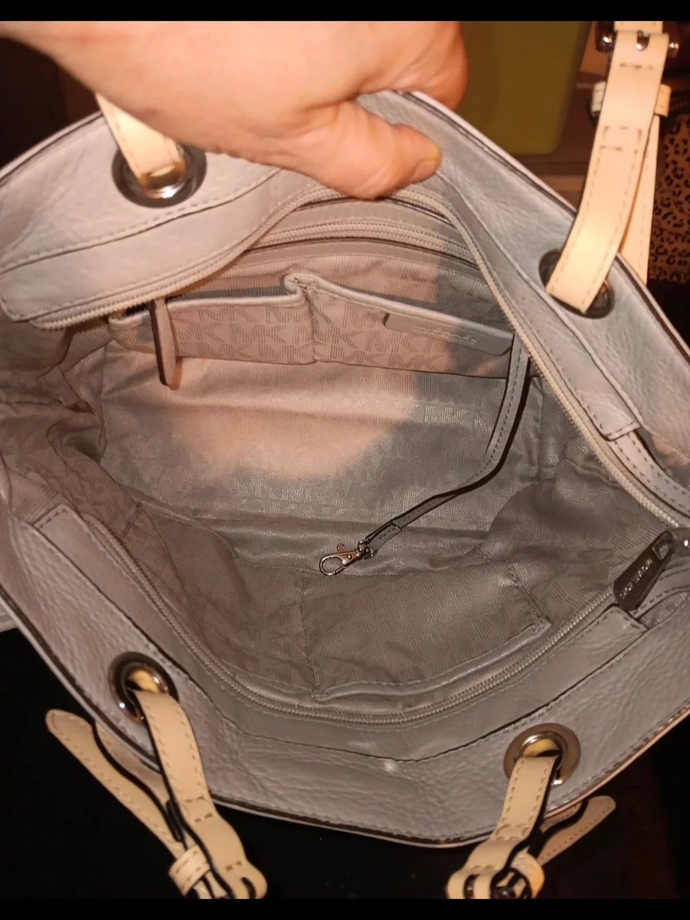 Michael Kors Grey Leather Tote Bag with Cream Straps